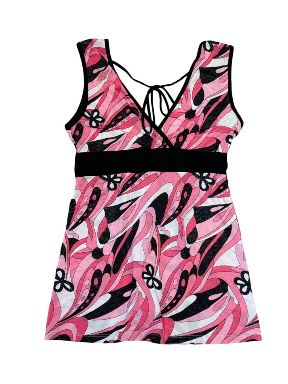 Y2K Vixen Pink Black Babydoll Tank Top Medium USA Made Empire Waist Tie Back